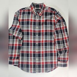 American Eagle Button Down Shirt Mens Large Red Black Plaid Linen‎ Blend Western